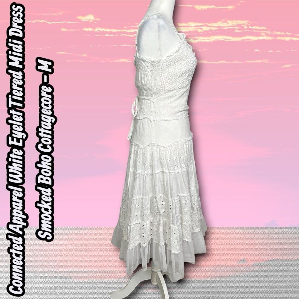 Like New Connected Apparel White Eyelet Tiered Midi Dress Smocked Boho Cottageco - Picture 7 of 9